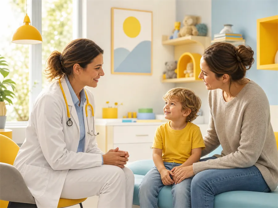 Illustration einer freundlichen kinderärztlichen Beratung mit Familie
