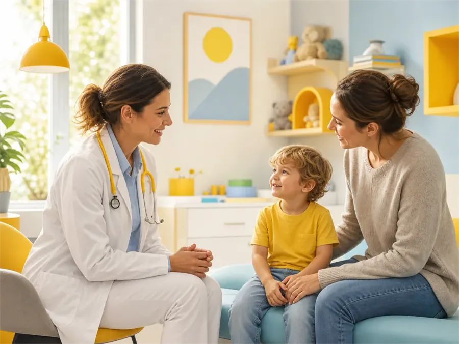 Illustration einer freundlichen kinderärztlichen Beratung mit Familie